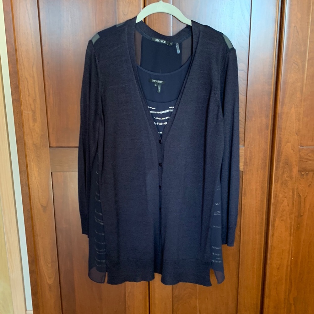 Nic and Zoe navy blue tank top with lovely stiching and navy blue cardigan.